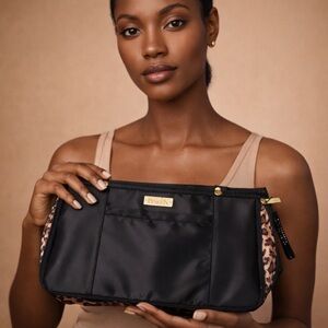 PoseN Black Nylon Cosmetic Organizer Bag Leopard Trim Travel Pouch Gold Hardware